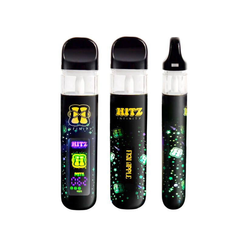 Three black disposable vape devices from the HITZ INFINITY brand displayed vertically against a white background. The left device features a digital display with "88" and "POWER" prominently shown. The middle device highlights the flavor "FKN APPLE" in yellow text. The right device showcases a sleek design with glowing green and purple cosmic-themed patterns.